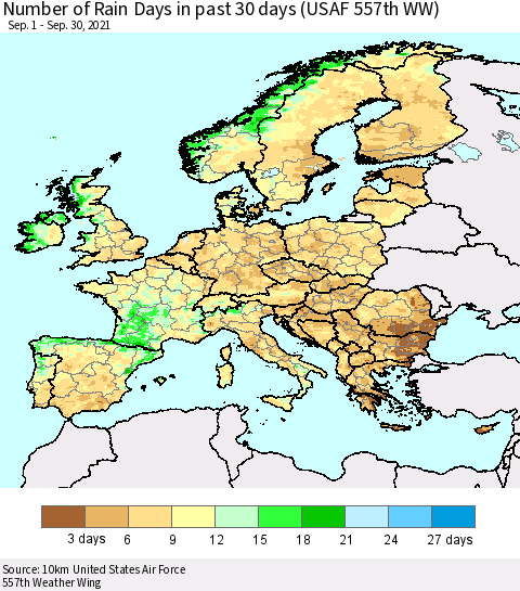 Europe Number of Rain Days in past 30 days (USAF 557th WW) 09/30/2021 Thematic Map For 9/26/2021 - 9/30/2021