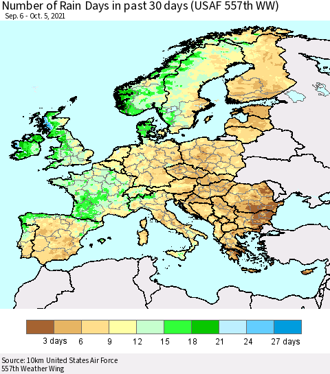 Europe Number of Rain Days in past 30 days (USAF 557th WW) 10/05/2021 Thematic Map For 10/1/2021 - 10/5/2021