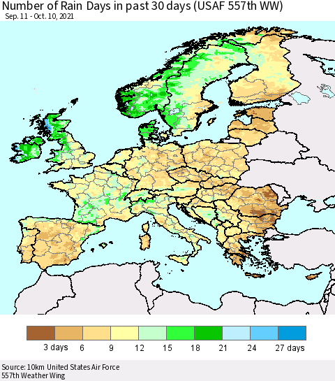 Europe Number of Rain Days in past 30 days (USAF 557th WW) 10/10/2021 Thematic Map For 10/6/2021 - 10/10/2021