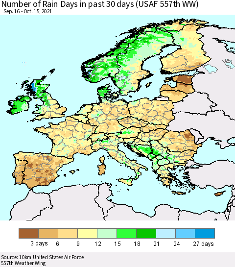 Europe Number of Rain Days in past 30 days (USAF 557th WW) 10/15/2021 Thematic Map For 10/11/2021 - 10/15/2021