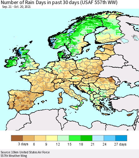 Europe Number of Rain Days in past 30 days (USAF 557th WW) 10/20/2021 Thematic Map For 10/16/2021 - 10/20/2021