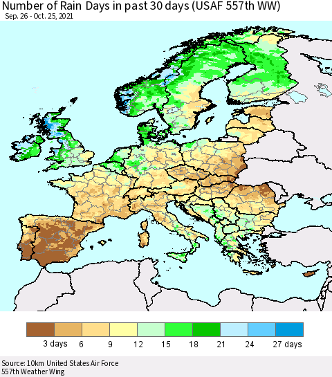 Europe Number of Rain Days in past 30 days (USAF 557th WW) 10/25/2021 Thematic Map For 10/21/2021 - 10/25/2021