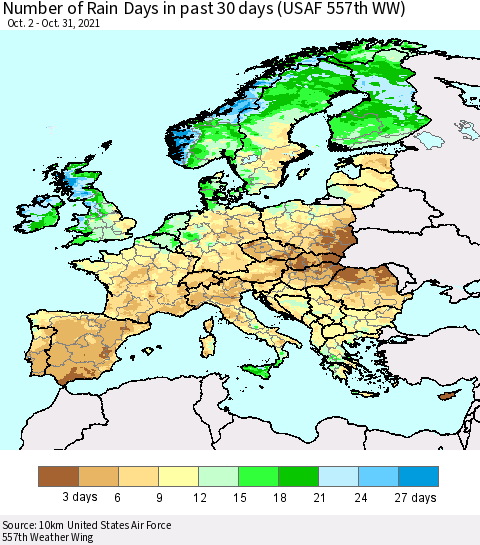 Europe Number of Rain Days in past 30 days (USAF 557th WW) 10/31/2021 Thematic Map For 10/26/2021 - 10/31/2021