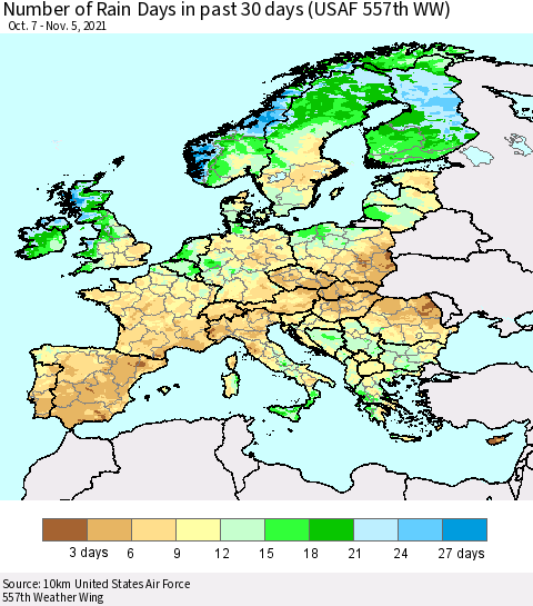Europe Number of Rain Days in past 30 days (USAF 557th WW) 11/05/2021 Thematic Map For 11/1/2021 - 11/5/2021