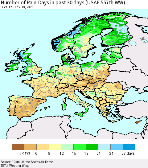Europe Number of Rain Days in past 30 days (USAF 557th WW) 11/10/2021 Thematic Map For 11/6/2021 - 11/10/2021