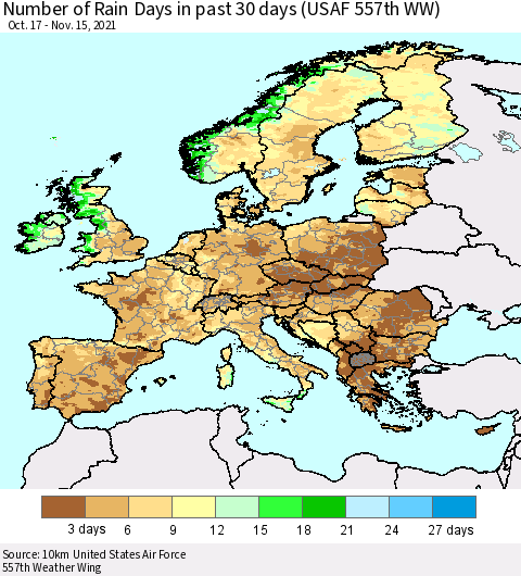 Europe Number of Rain Days in past 30 days (USAF 557th WW) 11/15/2021 Thematic Map For 11/11/2021 - 11/15/2021