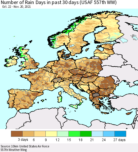 Europe Number of Rain Days in past 30 days (USAF 557th WW) 11/20/2021 Thematic Map For 11/16/2021 - 11/20/2021