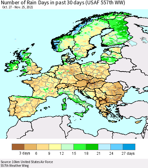 Europe Number of Rain Days in past 30 days (USAF 557th WW) 11/25/2021 Thematic Map For 11/21/2021 - 11/25/2021