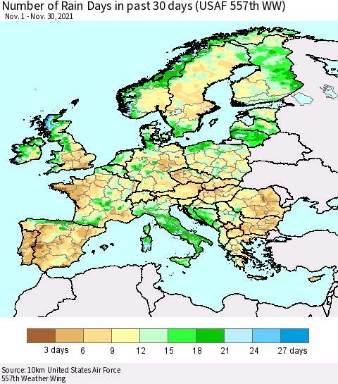 Europe Number of Rain Days in past 30 days (USAF 557th WW) 11/30/2021 Thematic Map For 11/26/2021 - 11/30/2021