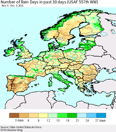 Europe Number of Rain Days in past 30 days (USAF 557th WW) 12/05/2021 Thematic Map For 12/1/2021 - 12/5/2021
