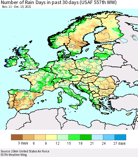 Europe Number of Rain Days in past 30 days (USAF 557th WW) 12/10/2021 Thematic Map For 12/6/2021 - 12/10/2021