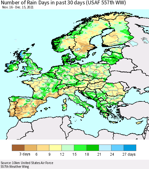 Europe Number of Rain Days in past 30 days (USAF 557th WW) 12/15/2021 Thematic Map For 12/11/2021 - 12/15/2021