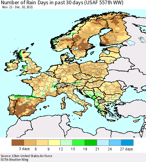 Europe Number of Rain Days in past 30 days (USAF 557th WW) 12/20/2021 Thematic Map For 12/16/2021 - 12/20/2021