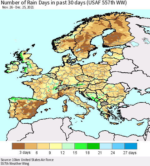 Europe Number of Rain Days in past 30 days (USAF 557th WW) 12/25/2021 Thematic Map For 12/21/2021 - 12/25/2021