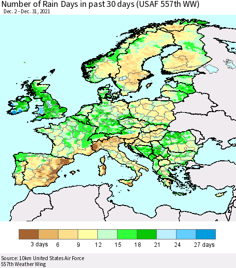 Europe Number of Rain Days in past 30 days (USAF 557th WW) 12/31/2021 Thematic Map For 12/26/2021 - 12/31/2021