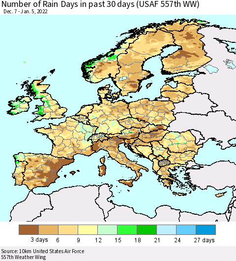 Europe Number of Rain Days in past 30 days (USAF 557th WW) 01/05/2022 Thematic Map For 1/1/2022 - 1/5/2022