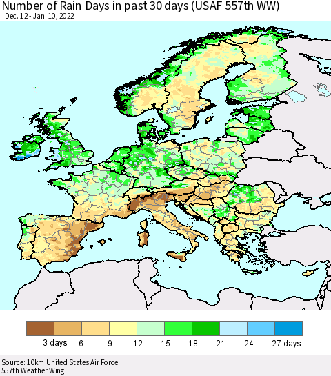 Europe Number of Rain Days in past 30 days (USAF 557th WW) 01/10/2022 Thematic Map For 1/6/2022 - 1/10/2022