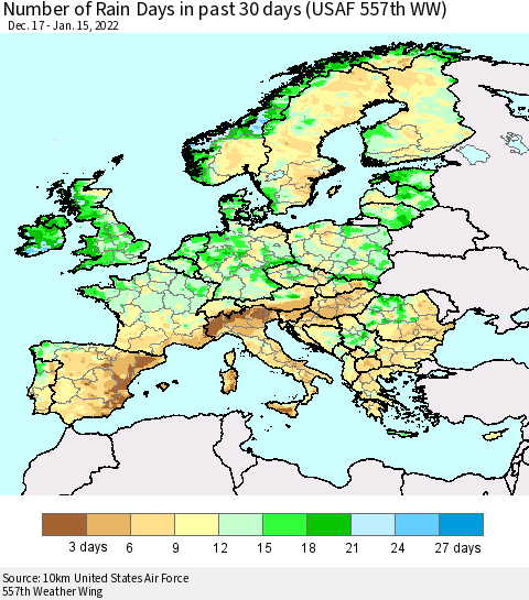 Europe Number of Rain Days in past 30 days (USAF 557th WW) 01/15/2022 Thematic Map For 1/11/2022 - 1/15/2022
