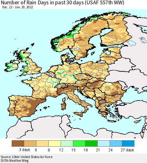 Europe Number of Rain Days in past 30 days (USAF 557th WW) 01/20/2022 Thematic Map For 1/16/2022 - 1/20/2022