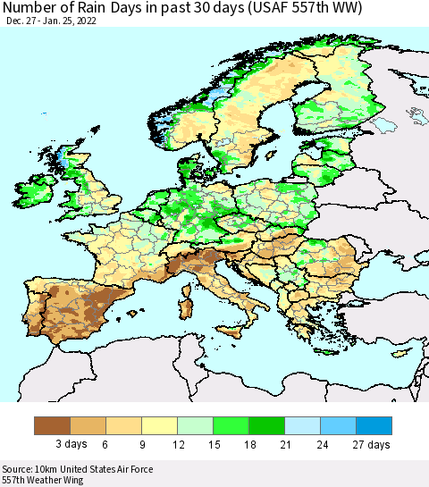 Europe Number of Rain Days in past 30 days (USAF 557th WW) 01/25/2022 Thematic Map For 1/21/2022 - 1/25/2022