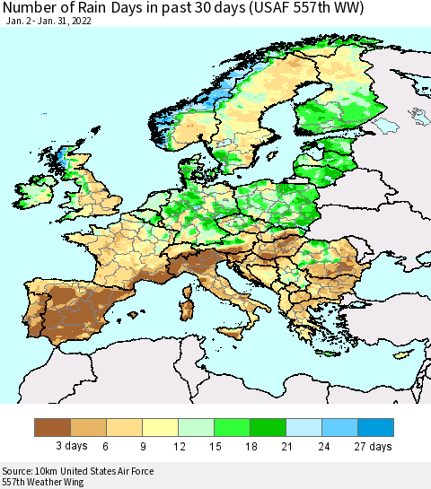Europe Number of Rain Days in past 30 days (USAF 557th WW) 01/31/2022 Thematic Map For 1/26/2022 - 1/31/2022