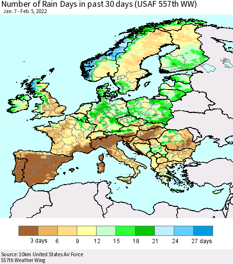 Europe Number of Rain Days in past 30 days (USAF 557th WW) 02/05/2022 Thematic Map For 2/1/2022 - 2/5/2022