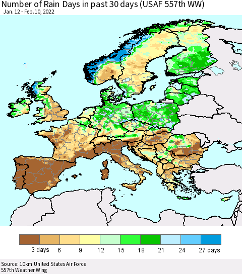 Europe Number of Rain Days in past 30 days (USAF 557th WW) 02/10/2022 Thematic Map For 2/6/2022 - 2/10/2022