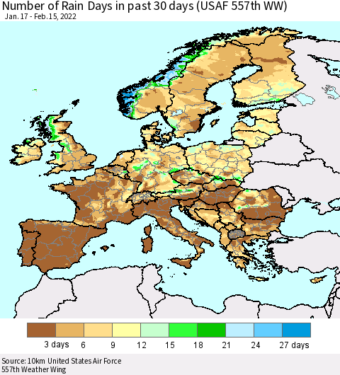 Europe Number of Rain Days in past 30 days (USAF 557th WW) 02/15/2022 Thematic Map For 2/11/2022 - 2/15/2022