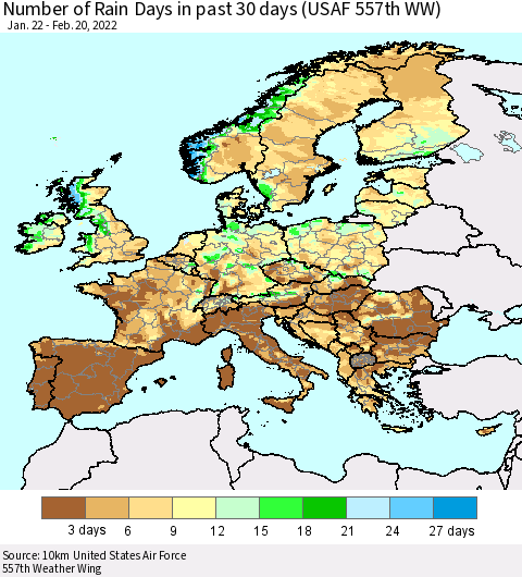 Europe Number of Rain Days in past 30 days (USAF 557th WW) 02/20/2022 Thematic Map For 2/16/2022 - 2/20/2022
