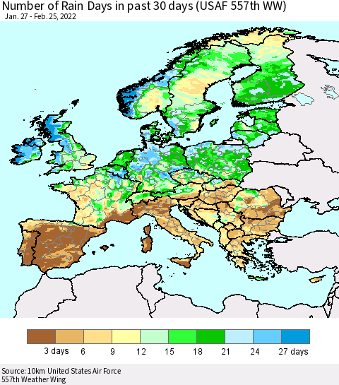Europe Number of Rain Days in past 30 days (USAF 557th WW) 02/25/2022 Thematic Map For 2/21/2022 - 2/25/2022