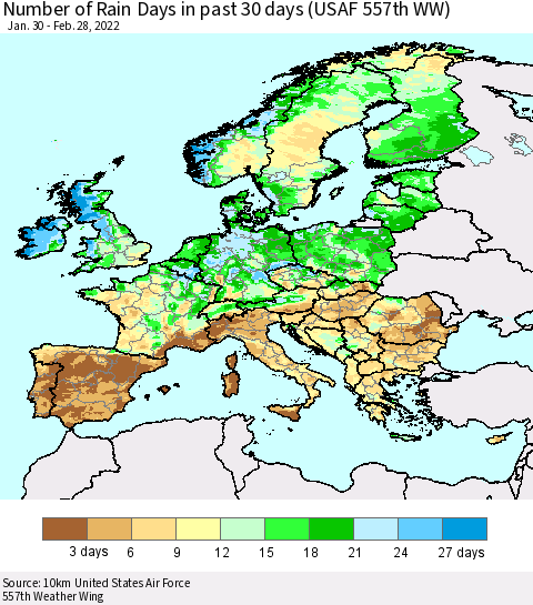 Europe Number of Rain Days in past 30 days (USAF 557th WW) 02/28/2022 Thematic Map For 2/26/2022 - 2/28/2022
