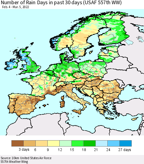 Europe Number of Rain Days in past 30 days (USAF 557th WW) 03/05/2022 Thematic Map For 3/1/2022 - 3/5/2022