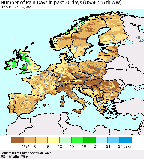 Europe Number of Rain Days in past 30 days (USAF 557th WW) 03/15/2022 Thematic Map For 3/11/2022 - 3/15/2022
