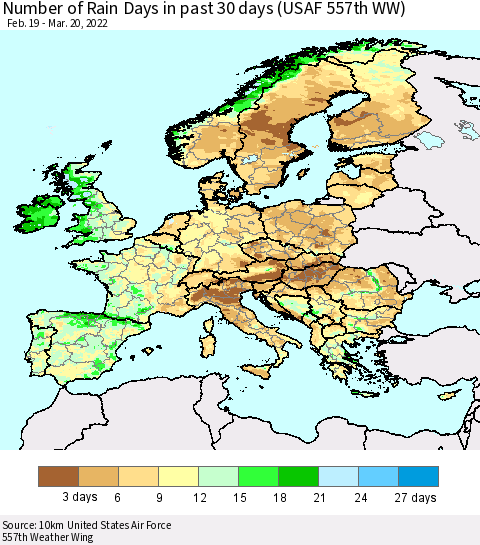 Europe Number of Rain Days in past 30 days (USAF 557th WW) 03/20/2022 Thematic Map For 3/16/2022 - 3/20/2022