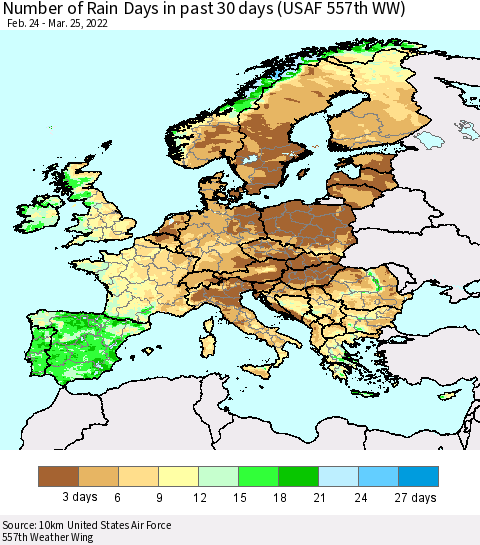 Europe Number of Rain Days in past 30 days (USAF 557th WW) 03/25/2022 Thematic Map For 3/21/2022 - 3/25/2022