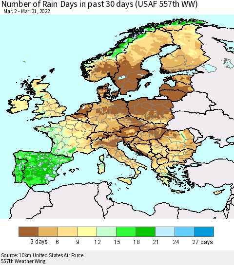 Europe Number of Rain Days in past 30 days (USAF 557th WW) 03/31/2022 Thematic Map For 3/26/2022 - 3/31/2022