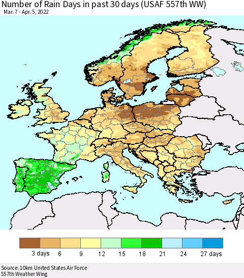Europe Number of Rain Days in past 30 days (USAF 557th WW) 04/05/2022 Thematic Map For 4/1/2022 - 4/5/2022