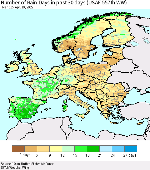 Europe Number of Rain Days in past 30 days (USAF 557th WW) 04/10/2022 Thematic Map For 4/6/2022 - 4/10/2022