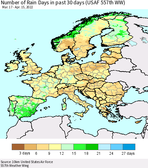 Europe Number of Rain Days in past 30 days (USAF 557th WW) 04/15/2022 Thematic Map For 4/11/2022 - 4/15/2022