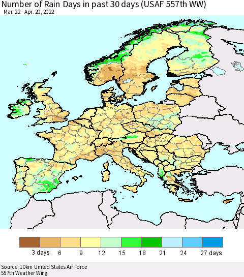 Europe Number of Rain Days in past 30 days (USAF 557th WW) 04/20/2022 Thematic Map For 4/16/2022 - 4/20/2022