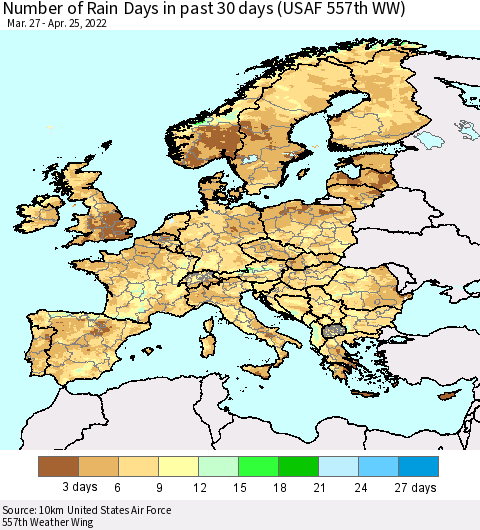 Europe Number of Rain Days in past 30 days (USAF 557th WW) 04/25/2022 Thematic Map For 4/21/2022 - 4/25/2022