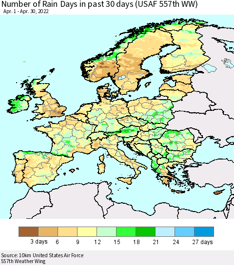 Europe Number of Rain Days in past 30 days (USAF 557th WW) 04/30/2022 Thematic Map For 4/26/2022 - 4/30/2022