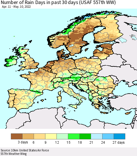Europe Number of Rain Days in past 30 days (USAF 557th WW) 05/10/2022 Thematic Map For 5/6/2022 - 5/10/2022