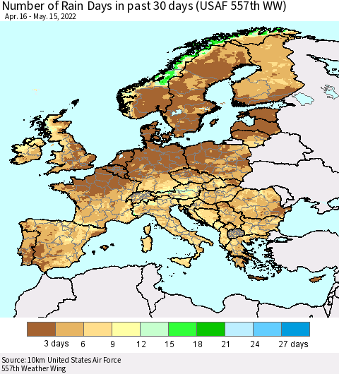 Europe Number of Rain Days in past 30 days (USAF 557th WW) 05/15/2022 Thematic Map For 5/11/2022 - 5/15/2022