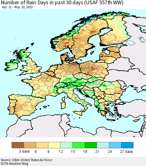 Europe Number of Rain Days in past 30 days (USAF 557th WW) 05/20/2022 Thematic Map For 5/16/2022 - 5/20/2022