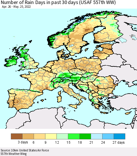 Europe Number of Rain Days in past 30 days (USAF 557th WW) 05/25/2022 Thematic Map For 5/21/2022 - 5/25/2022