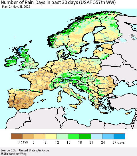 Europe Number of Rain Days in past 30 days (USAF 557th WW) 05/31/2022 Thematic Map For 5/26/2022 - 5/31/2022