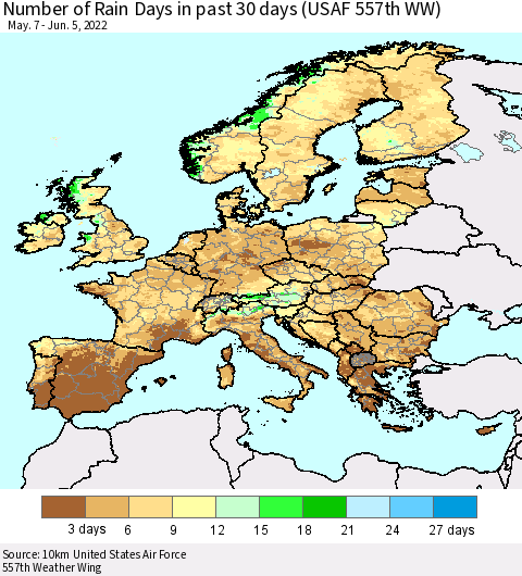 Europe Number of Rain Days in past 30 days (USAF 557th WW) 06/05/2022 Thematic Map For 6/1/2022 - 6/5/2022