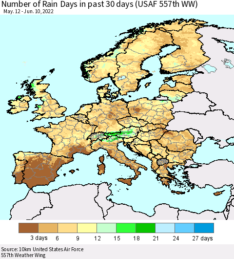Europe Number of Rain Days in past 30 days (USAF 557th WW) 06/10/2022 Thematic Map For 6/6/2022 - 6/10/2022