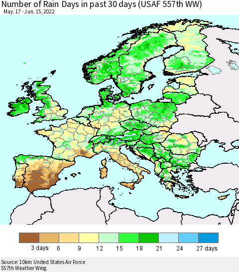 Europe Number of Rain Days in past 30 days (USAF 557th WW) 06/15/2022 Thematic Map For 6/11/2022 - 6/15/2022
